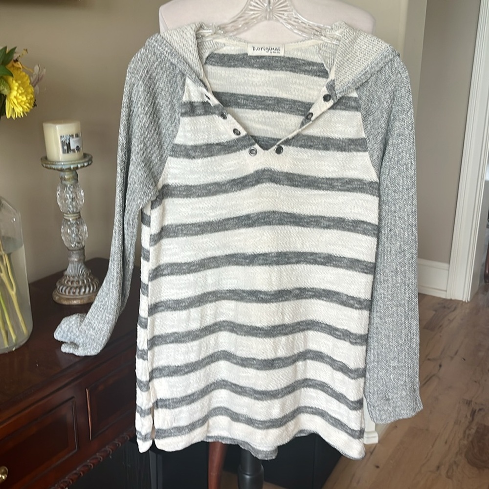 Oversized Gray and Cream Striped Hooded Top